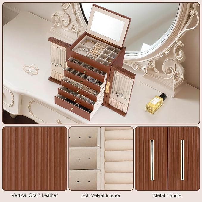 Dajasan Large Jewelry Organizer Box, Jewelry Boxes for Women Girls, 6-Tier Jewelry Storage Organizer with Mirror for Necklace Ring Bracelet Watch, Gift Idea (Brown) - Image 5