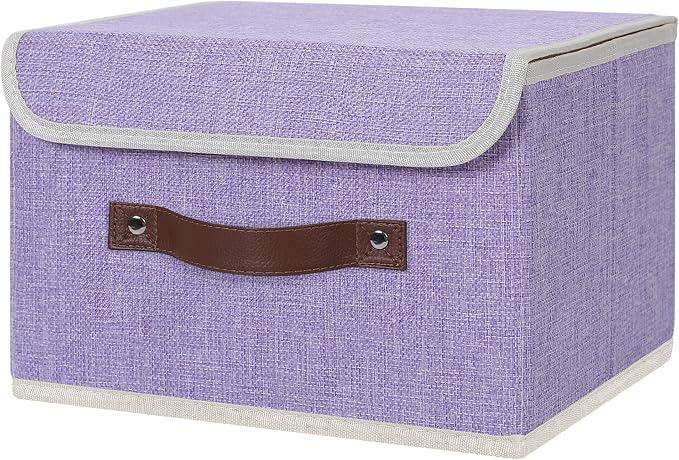 ANMINY Storage Bin with Lid Storage Boxes with PU Leather Handles PP Plastic Board Decorative Foldable Lidded Cotton Linen Fabric Home Cubes Baskets Closet Organizer Container - Purple, Small Size by ANMINY