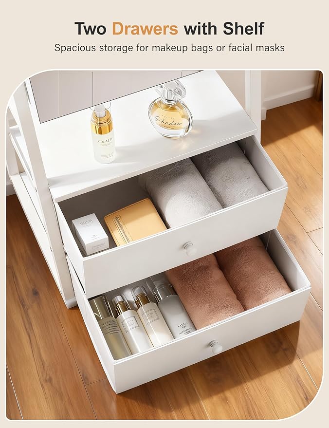 Nicetree Jewelry Cabinet Armoire with 2 Drawers, Lockable Standing Mirror Jewelry Cabinet, Full Length Mirror with Jewelry Storage, Gift Idea, White - Image 7