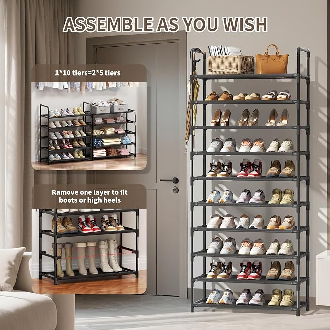 Shoe Rack, 10 Tier Shoe Storage Organizer Fit 30-35 Pairs Shoes,Metal Tall Shoe Shelf for Closet,Entryway,Garage,Bedroom,Cloakroom - Image 6