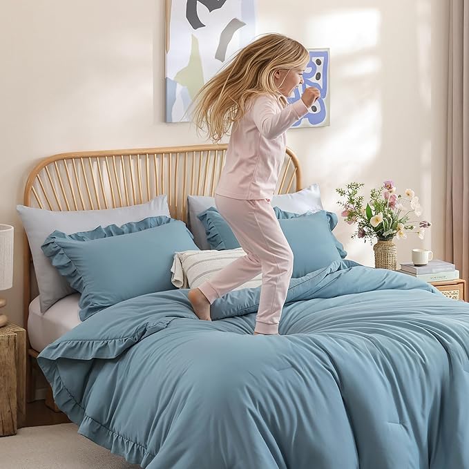 JANZAA Twin Comforter Set Mineral Blue Ruffle Comforter with 1 Pillowcase Soft Twin Size Bed Set Vintage Farmhouse Bed Comforter Set Fluffy Shabby Chic Bedding for All Season