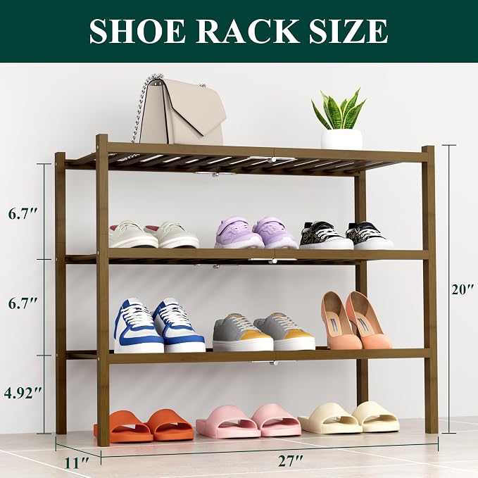 Smiry Shoe Rack, 3 Tier Thick Bamboo Shoe Organizer, Stackable Free Standing Wooden Shoe Storage Shelf for Closet, Entryway, Front Door Entrance, Walnut - Image 2