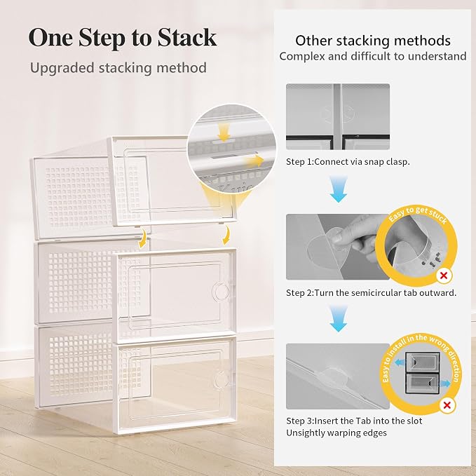 Kuject X-Large Shoe Storage Boxes Organizers Clear Plastic Stackable 12 Pack, Shoe Rack & Holder Substitute, Sneaker Containers, Toy Storage Organizer Bins for Entryway, Closet, Under Bed, White - Image 4