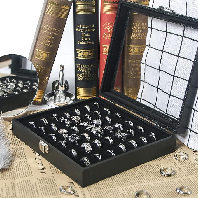 Pangkeep Ring Organizer Display Case,Black Jewelry Storage Tray Boxes for Multiple Rings,Glass Lid,Stackable. (42 Slots) - Image 4