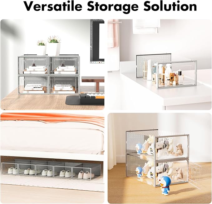 Foluck Shoe Storage Box, 15 Pack Clear Plastic Stackable Shoe Organizer for Closet, Interlocking Design Shoe Container Bins for Sneakers, Foldable Shoe Rack with Lids, Gray - Image 6