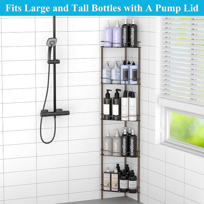 HuggieGems 5 Tier Floor Standing Corner Shower Caddy Organizer Shelf with Hooks, Bathroom Shelves Stand Rack, Bronze - Image 3