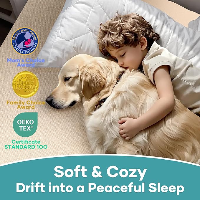 OhGeni 100% Waterproof Mattress Protector, Queen Beige Size, Fitted Sheet with Deep Pockets, 6''-18'', Premium Noiseless Breathable Soft Material, Mattresses Cover for Bed