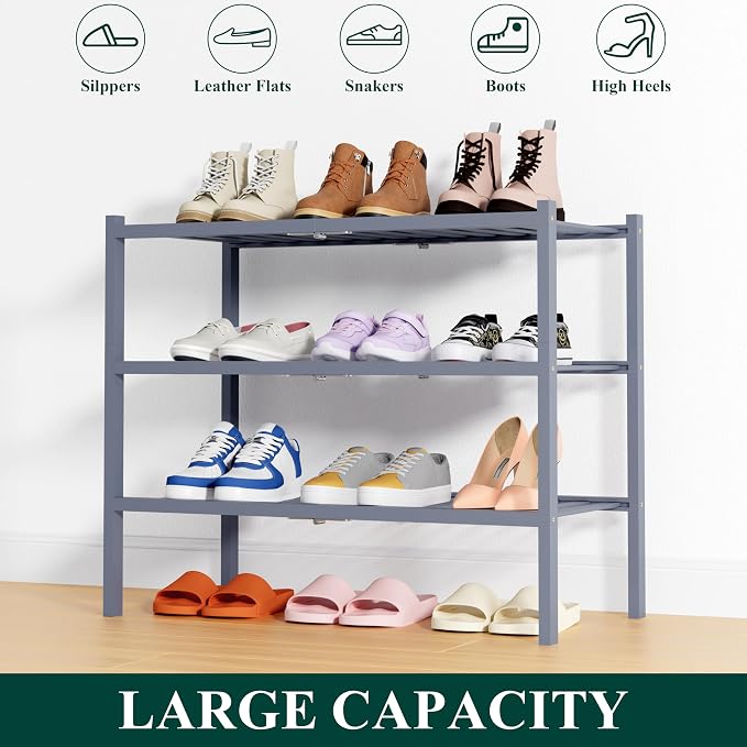 Smiry Shoe Rack, 3 Tier Thick Bamboo Shoe Organizer, Stackable Free Standing Wooden Shoe Storage Shelf for Closet, Entryway, Front Door Entrance, Grey - Image 6