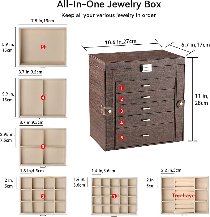 Frebeauty Large Jewelry Box,6-Tier PU Leather Jewelry Organizer,Multi-functional Storage Case with Mirror,Accessories Holder with 5 Drawers for Necklace Bracelets Watches(Tree Brown) - Image 3