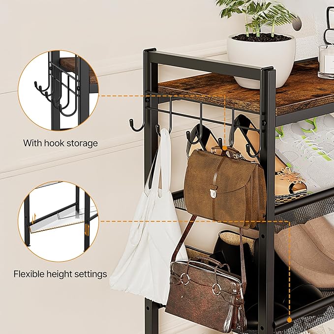 4 Tier Shoe Rack, Shoe Rack for Entryway with Hook, Shoe Organizer with Adjustable Mesh Shelves, Metal Shoe Storage, Closet, Bedroom Living Room Garage - Image 6