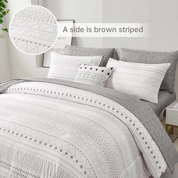 WONGS BEDDING Boho Comforter Set King Size,7 Pieces Grey White Geometric Bohemian Bed in a Bag Comforter Complete Striped Bedding Set for All Season with Sheets,Pillowcases & Shams Soft Microfiber