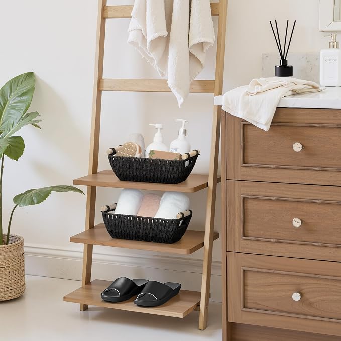 StorageWorks Black Wicker Storage Basket for Organizing with Wooden Handles, Small Woven Basket for Shelf, Toilet Paper, 2-Pack - Image 2