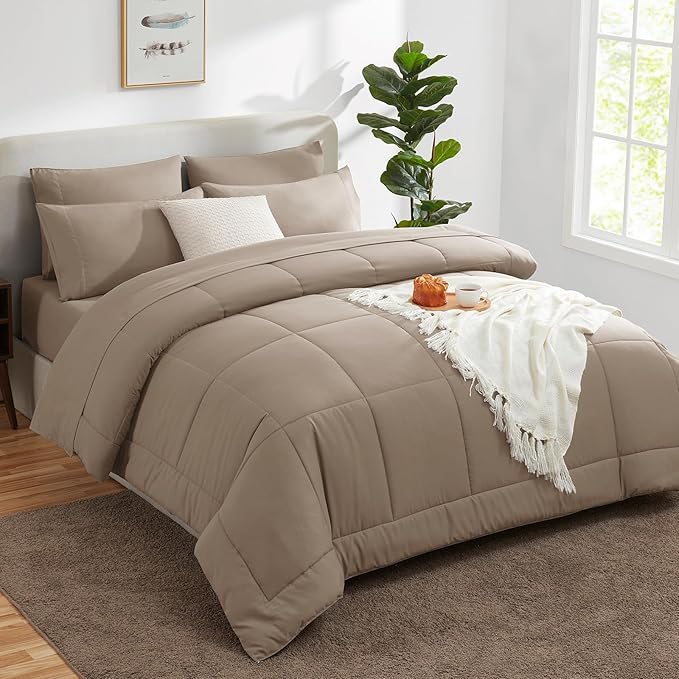 CozyLux Queen Comforter Set Khaki, 7 Pieces Bed in a Bag, Khaki Comforters Queen Size, All Season Bedding Sets with Stitch Quilted Comforter, Flat Sheet, Fitted Sheet, Pillowcases