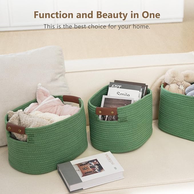 ECDYQXVU Cotton Rope Basket, Storage Baskets with Handle, 15x10x9 Inch Woven Basket for Shelves, Laundry, Towels, Clothes, Books (Green 3Pack) - Image 4