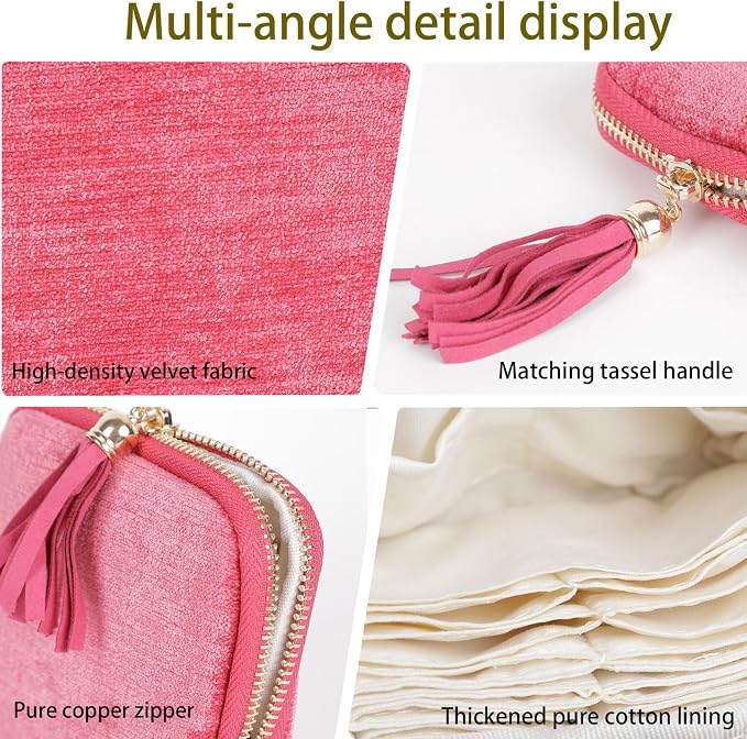 ASINGYER Travel Jewelry Storage Bag for Women, Velvet Portable Jewelry Organizer with Tassel Zipper, Small Pouches for Bracelets Necklaces Rings Earrings, Wedding Gift for Women (hot pink) - Image 5