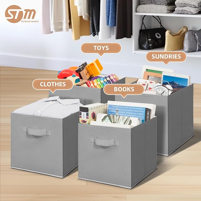 STORAGE MANIAC Storage Cubes, 11 Inch Collapsible Storage Bins with Handles, 4 Pack Fabric Foldable Bins for Organization, Durable Storage Bins for Closet, Shelves, Offices, Toys, 4-Pack Grey - Image 2