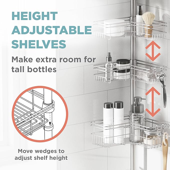 Zenna Home Tension Pole Shower Caddy Corner Organizer, Adjustable Standing Shower Caddy with 4 L-shaped Baskets and Hooks, Rust Resistant Bathroom Tension Rod Organizer, 60 to 97 Inch, Satin Nickel - Image 4