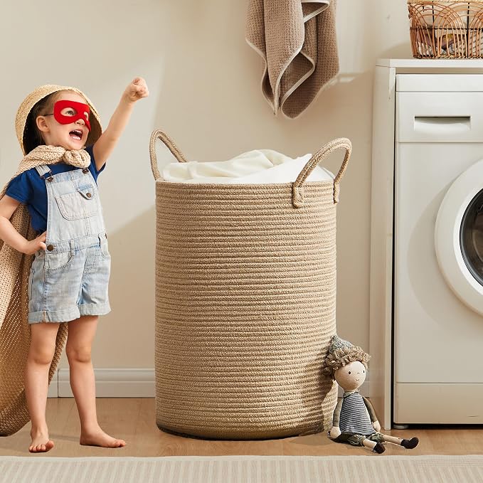 80L Extra Large Jute Laundry Hamper Tall Woven Laudnry Basket Wicker Rope Clothes Hamper Boho Blanket Basket in Living Room Bedroom 16"D x 22"H - Image 5
