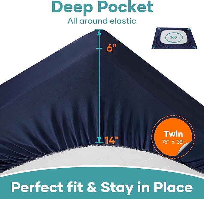 OhGeni 100% Waterproof Mattress Protector, Twin Navy Blue Size, 6''-14'',Fitted Sheet with Deep Pockets, Premium Noiseless Breathable Soft Hypoallergenic Material, Mattresses Cover for Bed