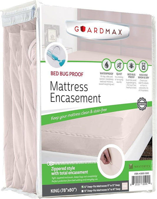 Guardmax Jersey Knitted King Zippered Mattress Encasement - Waterproof & Bed Bug Proof Mattress Protector - Comfortable, Soft, and Noiseless Zippered Bedding - Dust Mite Proof (78 x 80 x 12)