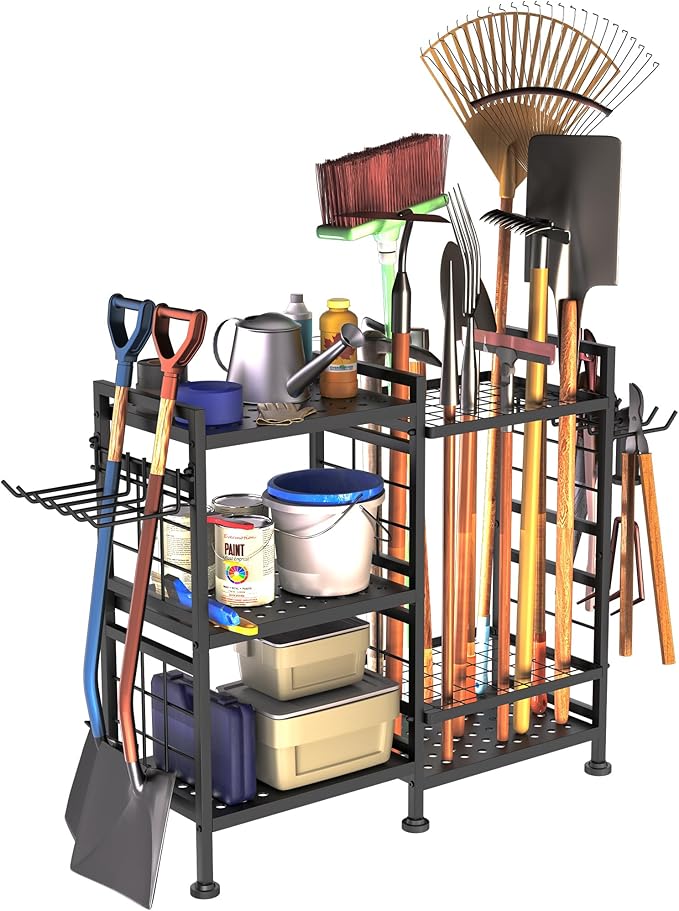 GIOTORENT 6 Tier Garden Tool Organizer, Garage Storage and Organization, Metal Yard Tools Storage Rack, Heavy Duty Garden Tool Organizer for Garage, Yard, Patio, Shed, Indoors and Outdoors, Black by GIOTORENT