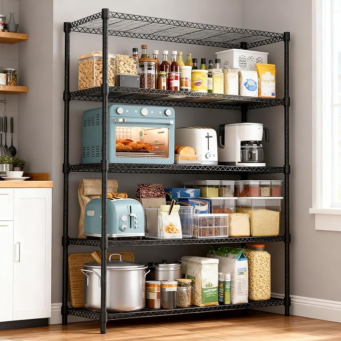 M MZG 1750LBS 47.2" W 5 Tiers Shelf Steel Storage Shelves Shelving Unit Steel Organizer Wire Rack for Home,Kitchen,Office,Garage Black 17.7" D x 47.2" W x 72.4" H - Image 2