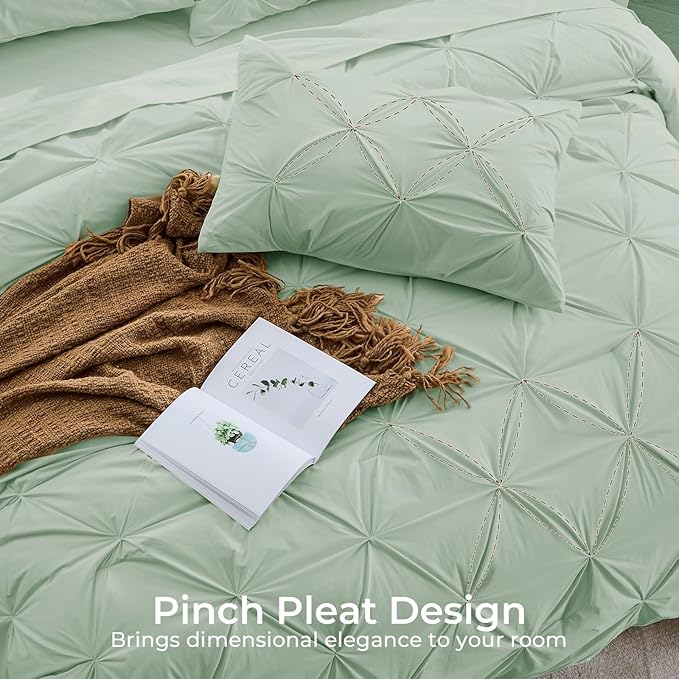 Sasttie California King Comforter Set, 7-Piece Bed in a Bag, Pintuck Bedding Sets for All Season, Includes Comforter, Flat Sheet, Fitted Sheet, Pillowcases and Pillowshams, Light Sage Green