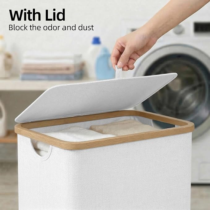 efluky Laundry Hamper with Lid, 100L Tall Laundry Basket with Bamboo Handles for Clothes and Toys, Collapsible Laundry Hamper with Inner Bag for Bedroom and Bathroom, White - Image 2