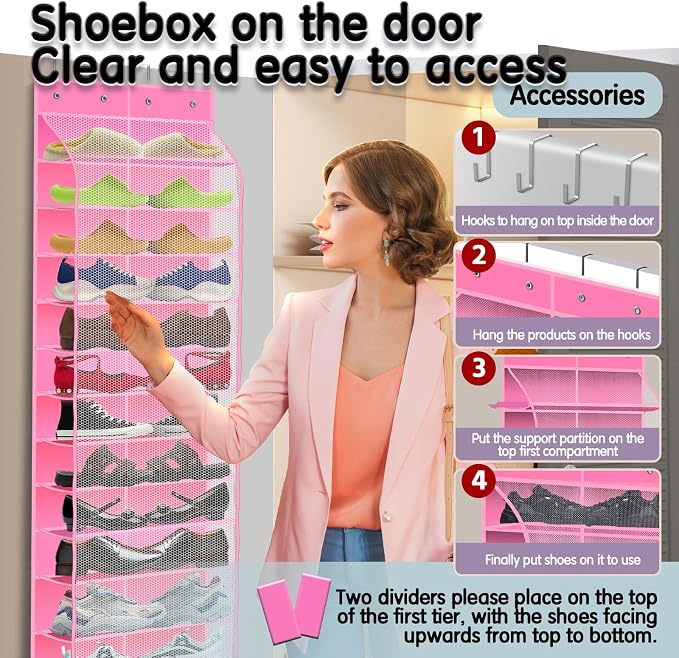 Kotkn Over The Door Shoe Organizer with 12 Large Breathable Pockets - Durable Hanging Storage for the Entire Family's Shoes (Pink) - Image 5