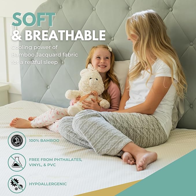 Full/Double Size 54x75” Premium Bamboo Waterproof Mattress Protector 100% Viscose from Bamboo, Hypoallergenic, Cooling Mattress Pad Cover, Soft Breathable Fitted Sheet Style up to 18" Deep - Rest Line