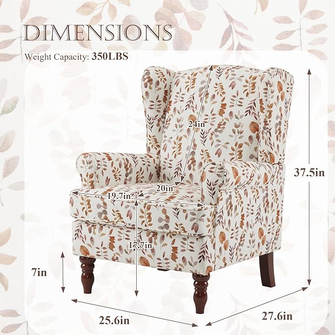 MELLCOM Floral Accent Chair, High Back Upholstered Armchair with Solid Legs, Leisure Single Sofa Chair for Living Room, Bedroom, Home Office, Orange Leaves