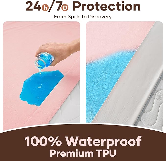 OhGeni 100% Waterproof Mattress Protector, Queen Size Pink, Fitted Sheet with Deep Pockets, 6''-18'', Premium Noiseless Breathable Soft Material, Mattresses Cover for Bed