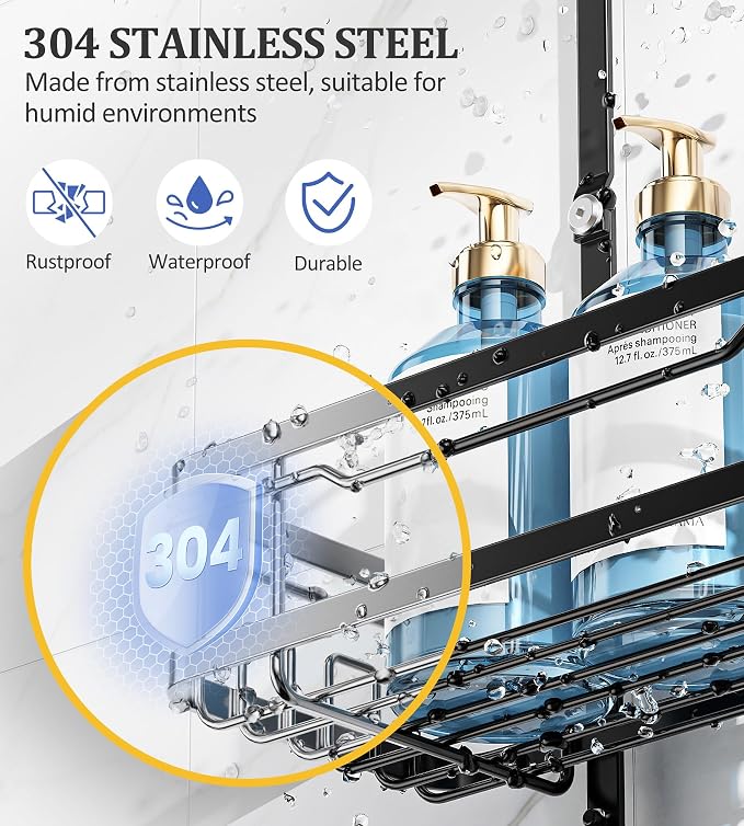 OMAIRA Shower Caddy Hanging Over the Shower Head - Rustproof Shower Organizer Hanging with Soap Scrub Holder, Non-Slip Stainless Steel Bathroom Storage Rack & Shelves, No Drilling, Black - Image 5
