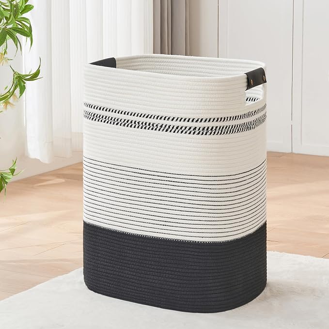 AINUOQI Laundry Basket with Handles - Blanket Basket & Hampers for Bedroom Aesthetic, Laundry Hamper & Blanket Storage for Living Room, Clothes Hamper, Tall, Large 17" x 14" x 22”, Black & White by AINUOQI