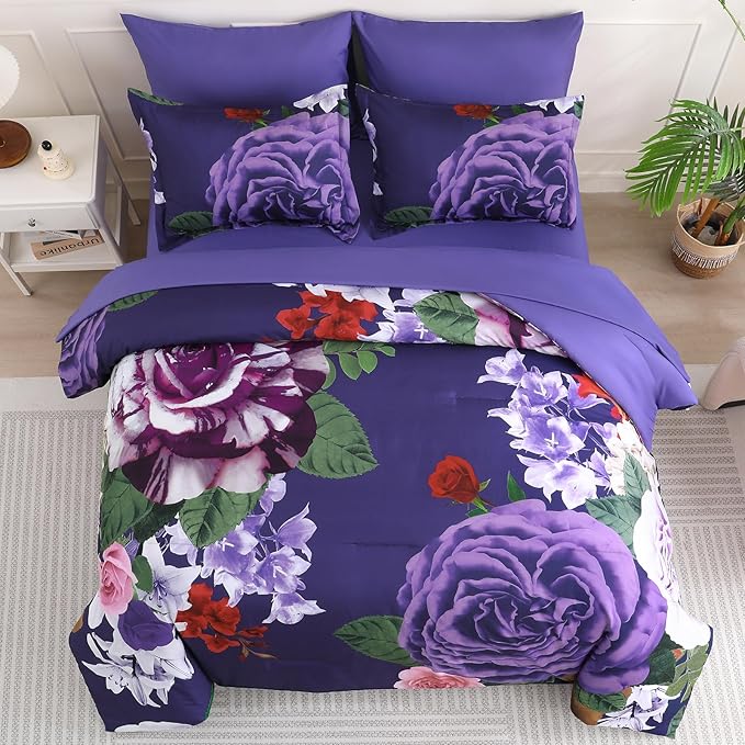 Drucon Dark Purple Floral Comforter King Size 7 Pieces Bedding Sets Bed in a Bag, Botanical Floral Comforter with Sheet Set, Soft Microfiber Bedding Set for All Season(Dark Purple, 104"x90")
