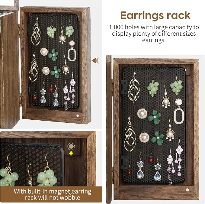 Meangood Jewelry Box Wood for Wowen, 5-Layer Large Organizer Box with Mirror & 4 Drawers for Rings, Earrings, Necklaces, Walnut - Image 4