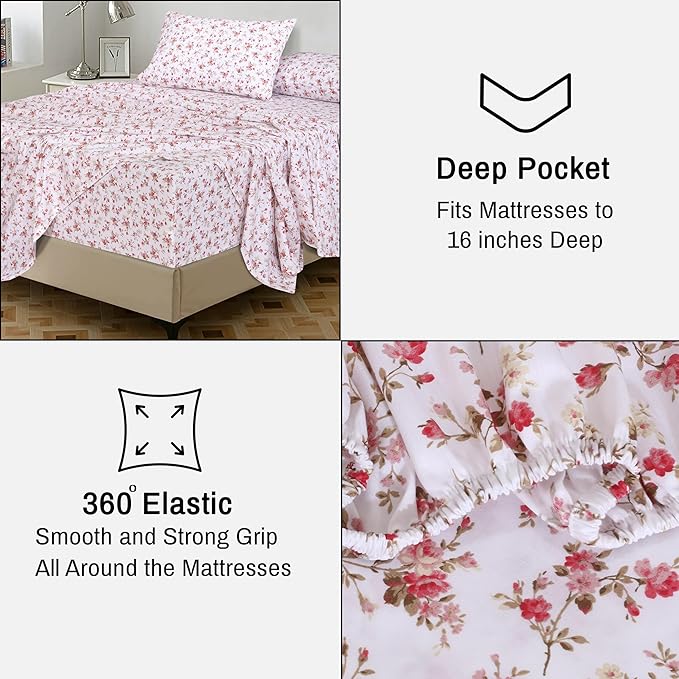 RUVANTI 100% Cotton Sheets – Twin XL Size Percale Bedding, Cooling & Breathable Floral Design, Durable with a Crisp, Soft & Comfortable Feel, 16" Deep Pocket, 3-Piece Set, Bouquet
