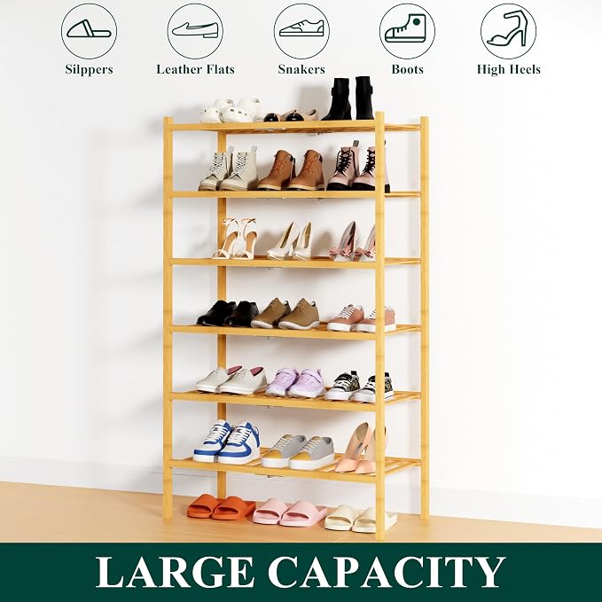 Smiry Shoe Rack, 6 Tier Thick Bamboo Shoe Organizer, Stackable Free Standing Wooden Shoe Storage Shelf for Closet, Entryway, Front Door Entrance, Natural - Image 6