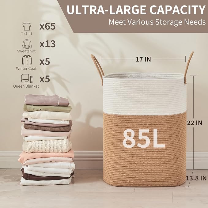 AINUOQI Laundry Basket with Handles - Blanket Basket & Hampers for Bedroom Aesthetic, Laundry Hamper & Blanket Storage for Living Room, Clothes Hamper, Tall, Large 17" x 14" x 22”, White & Jute - Image 2