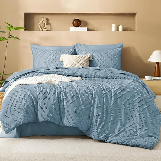 Litanika Twin XL Comforter Set Dusty Blue - Boho Tufted Shabby Chic Bed in a Bag for College Dorm, 5 Pieces Fluffy Soft Farmhouse Bed Set for All Seasons