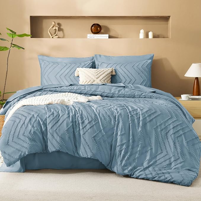 Litanika Twin Comforter Set with Sheets Dusty Blue - 5 Pieces Boho Tufted Shabby Chic Bed in a Bag, Fluffy Soft Farmhouse Bed Set for All Seasons