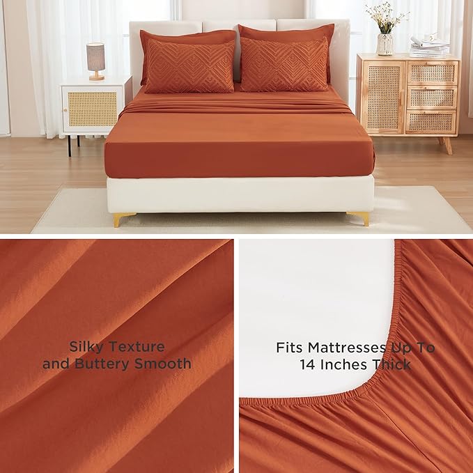 Andency Super King Comforter Set Burnt Orange - 7 Piece Oversized King Bed in a Bag Boho Terracotta Tufted Bedding Sets, Rust Bed Set with Comforter, Sheets, Pillowcases & Shams