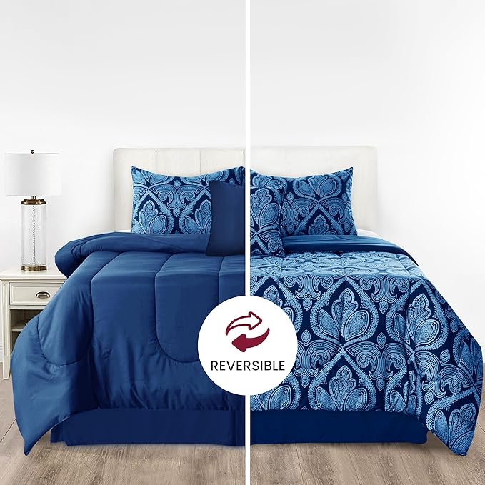 LUX Décor Reversible 5pc Queen Comforter Set, Printed Bedding Set, Microfiber Bed in a Bag, Includes 1 Comforter, 2 Pillow Shams, 1 Decorative Pillow & 1 Bed Skirt (Paisley Navy,Queen)