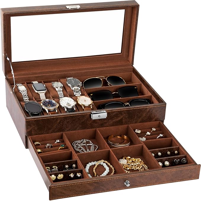 TomCare Watch Box 2-Tier Watch Case Jewelry Organizer Box with Thick Glass Lid Lockable Watch Organizer Jewelry Display Holder Sunglass Rings Necklaces Bracelets Storage Organizer for Men Women,Brown by TomCare