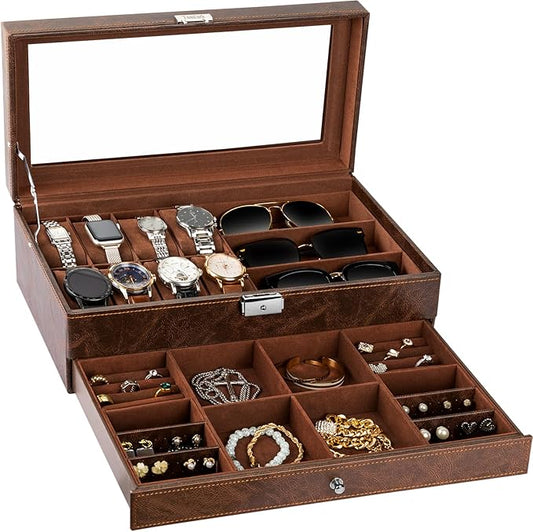 TomCare Watch Box 2-Tier Watch Case Jewelry Organizer Box with Thick Glass Lid Lockable Watch Organizer Jewelry Display Holder Sunglass Rings Necklaces Bracelets Storage Organizer for Men Women,Brown by TomCare