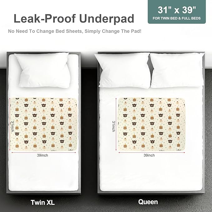 Pee Pads for Kids Waterproof Crib Pad - Reusable Potty Training Pads for Bed, Washable Toddler Mattress Pad Protector, Unisex for Toddlers Adults Elderly & Pets(Cute Bear, 31 x 39 Inch)