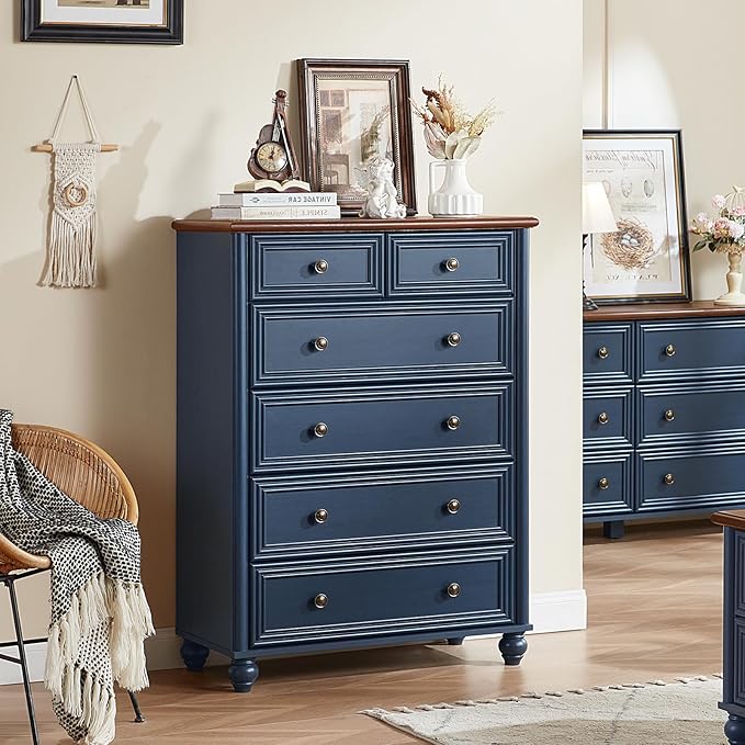 RWYHG Farmhouse 6 Drawer Dresser, Blue Chest of Drawers, 43.5" Tall Dressers for Bedroom with Roman Column and Metal Handles, Rustic Wood Storage Organizer for Living Room, Hallway, Closet
