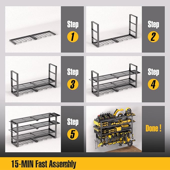 Spampur 420LB Capacity Power Tool Organizer with Charging Station & 6 Outlets | Quick Assembly 4-Layer Heavy Duty Rack for Drills & Batteries | Ultimate Garage Storage & Christmas Gift for Men - Image 4