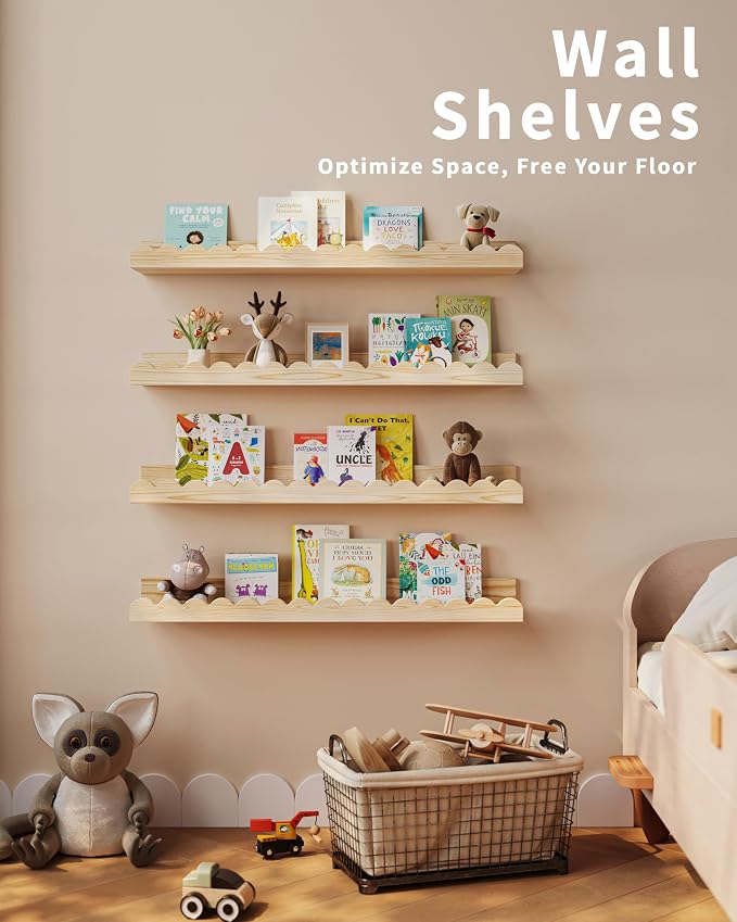 Shario Nursery Book Shelves, 4-Pack Wood Floating Shelves for Wall Kids, Scalloped Shelves, Wall Book Shelves for Bedroom Kids, Toddler Room, Baby Room, Nursery Decor (Wood, 23 Inches) - Image 4