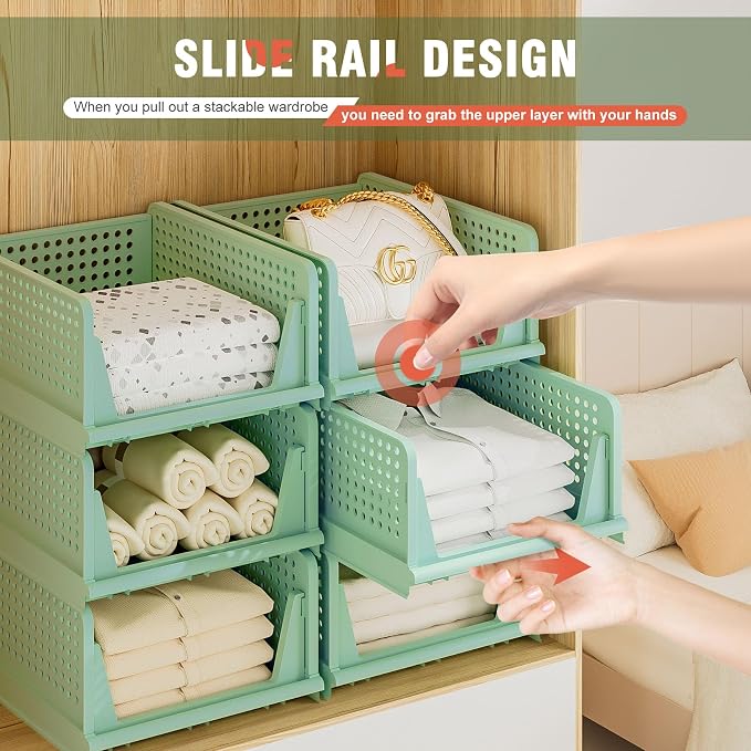 Closet Organizer, 4 Pack Stackable Storage Bins for Closet Shelves, Plastic Storage Drawers Basket Weekly Clothes Organizer for Kids(4L)（Green） - Image 6